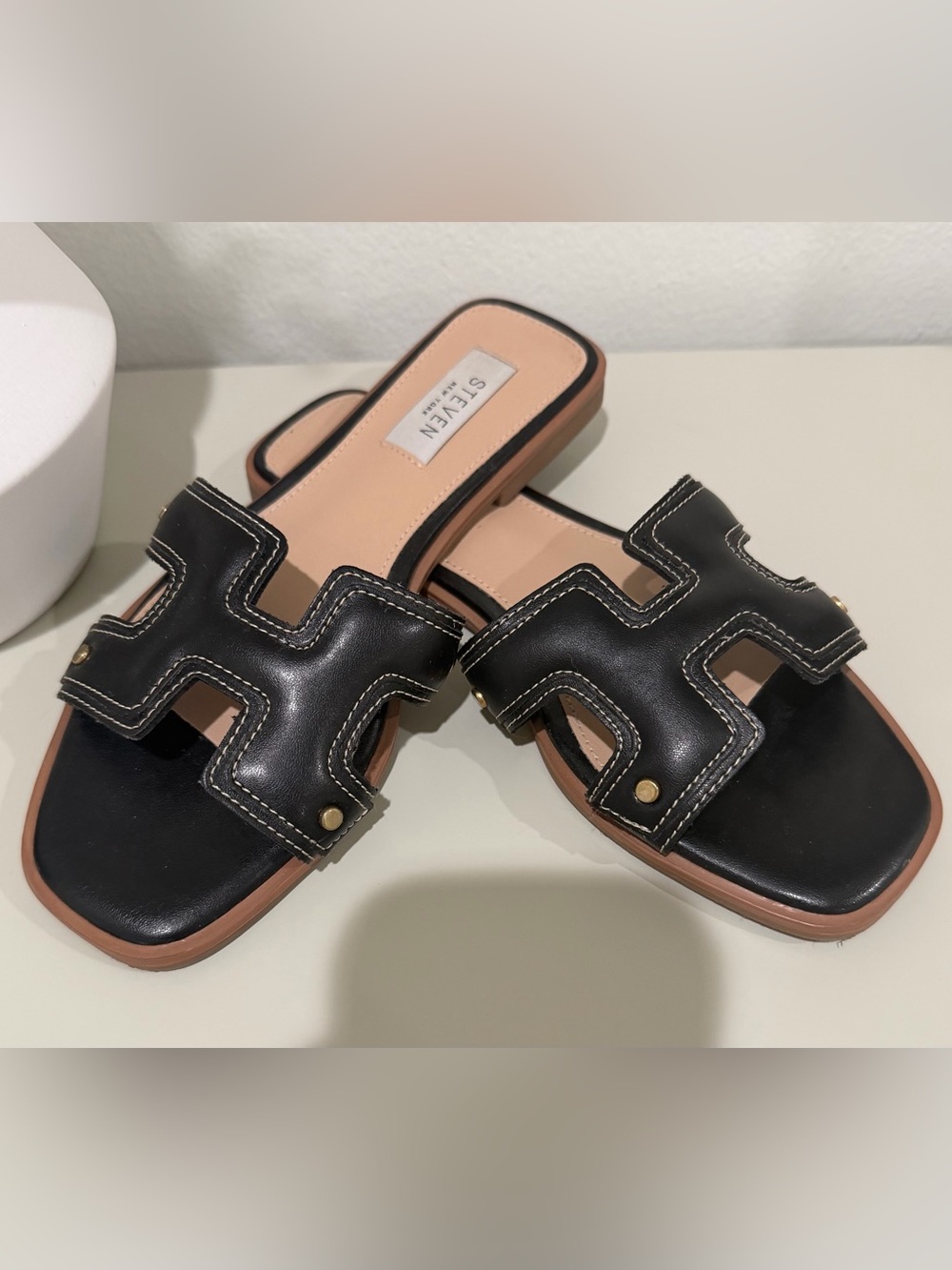 Steven Black Leather Open-Toe Harlien Slide Sandal